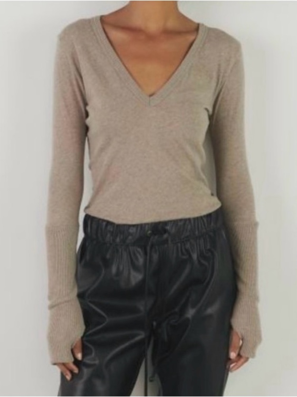 Enza Costa V-Neck Lightweight Sweater in Taupe